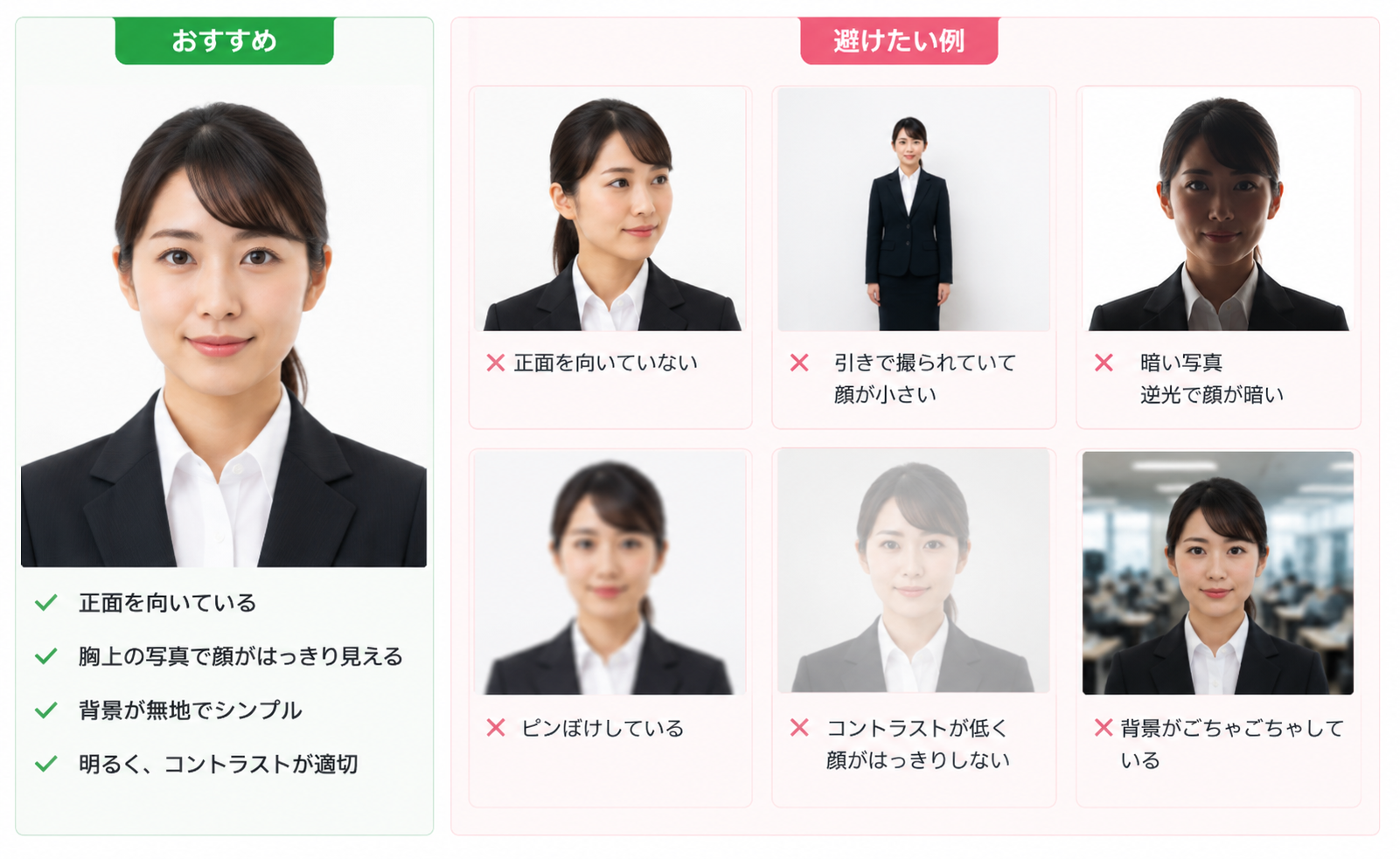社員証・IDカード用の顔写真に関するおすすめ例と避けたい例